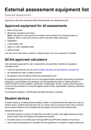 External Assessment Equipment List