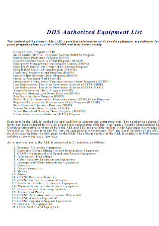 Formal Authorized Equipment List