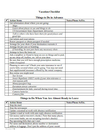 Formal Vacation Checklist Example