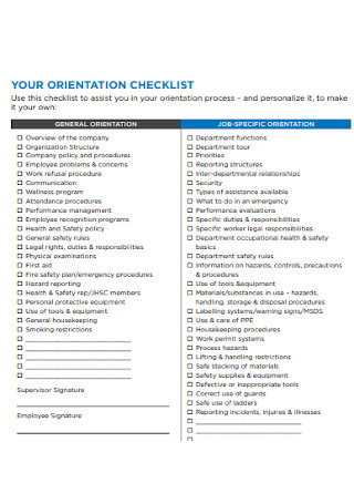 General Orientation Checklist Template