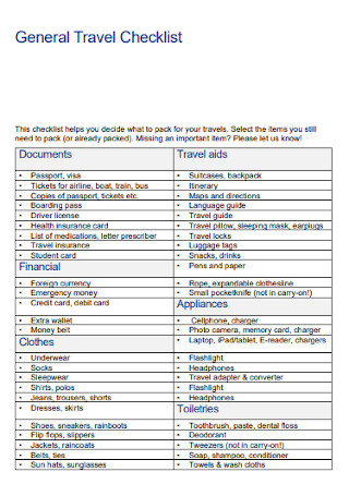General Travel Checklist