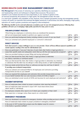 Health Care Risk Management Checklist
