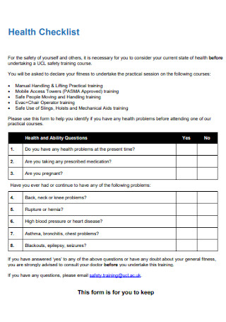 Health Checklist Format