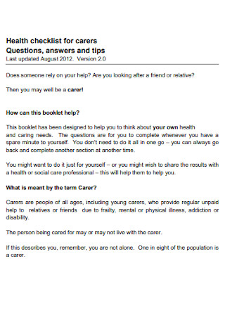 Health Checklist for Carers Template