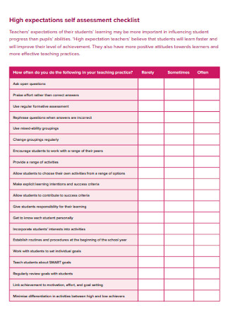 High Expectations self Assessment Checklist