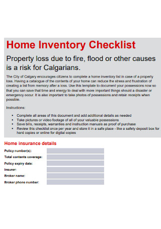 Home Inventory Checklist Examples