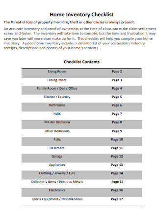 Home Inventory Checklist Format