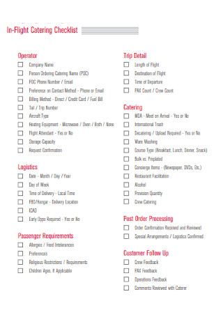In Flight Catering Checklist