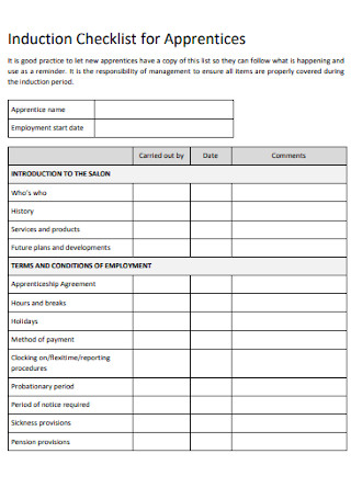Induction Checklist for Apprentices