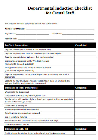 Induction Checklist for Casual Staff