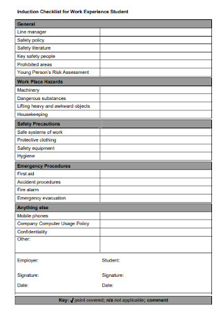 Induction Checklist for Experience Student 