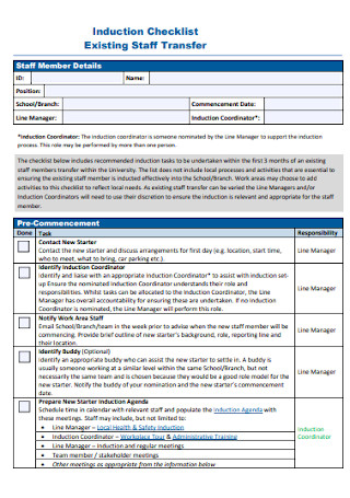 Induction Checklist for Staff Transfer