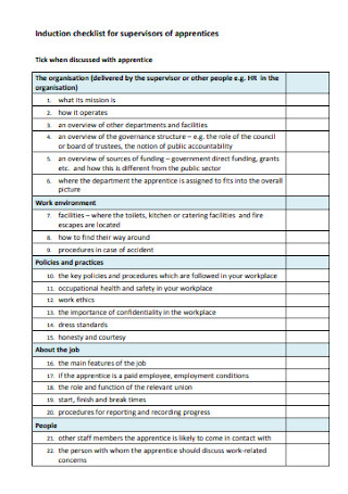Induction checklist for supervisors 
