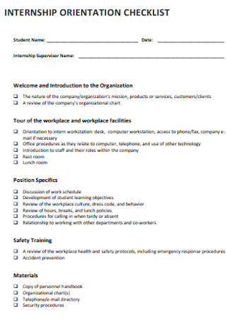 Internship Orientation Checklist Template