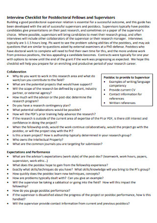 Interview Checklist for Postdoctoral Fellows