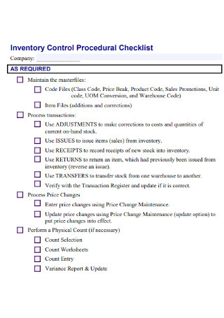 Inventory Control Procedural Checklist 