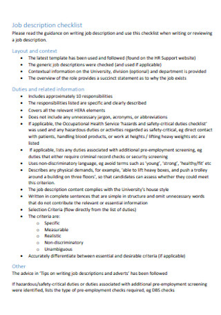 Job Description Checklist Template