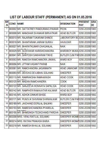 Labour Staff List