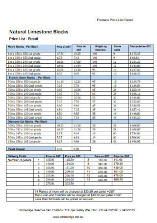 Limestone Blocks Retail Price List