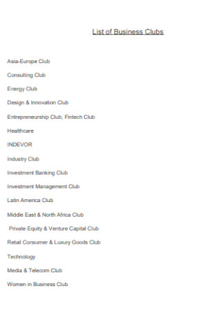 List of Business Clubs