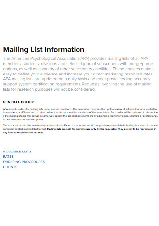 Mailing List Information Template