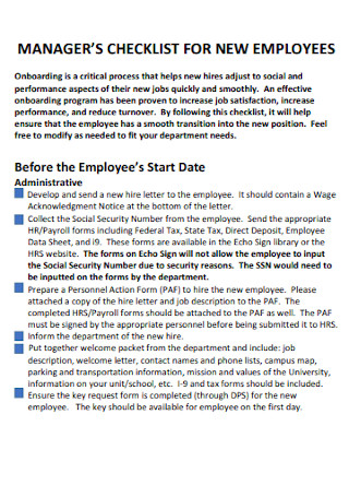 Manager Checklist for New Employees