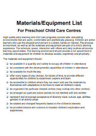 Materials and Equipment List 