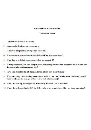 Off Nominal Event Report