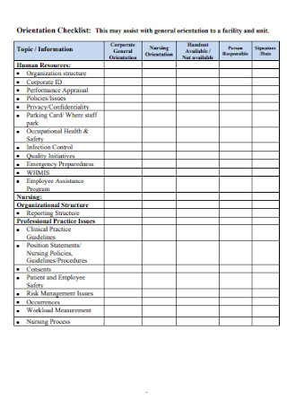 Orientation Checklist Format