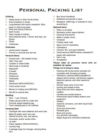 Personal Packing List Template