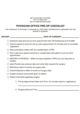 Physician Office Pre opearative Checklist