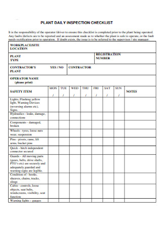 Plant Daily Iinspection Checklist
