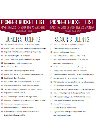 Poineer Bucket List Template