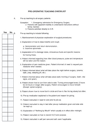 Pre operative Teaching Checklist Template