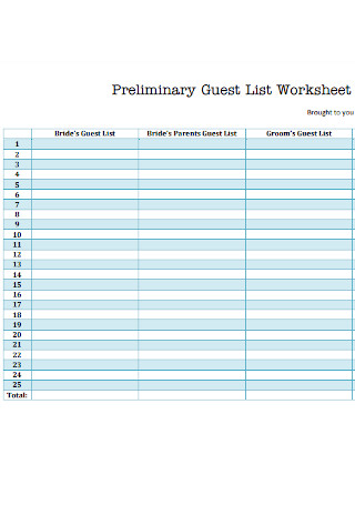 Preliminary Guest List Worksheet