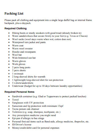 Printable Packing List Template