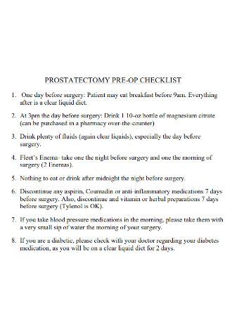 Prostatectomy Pre operative Checklist