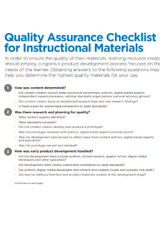 Quality Assurance Checklist for Materials
