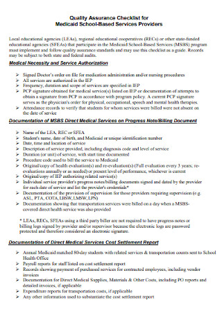 Quality Assurance Checklist for Medicaid School