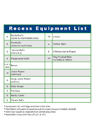 Recess Equipment List Template