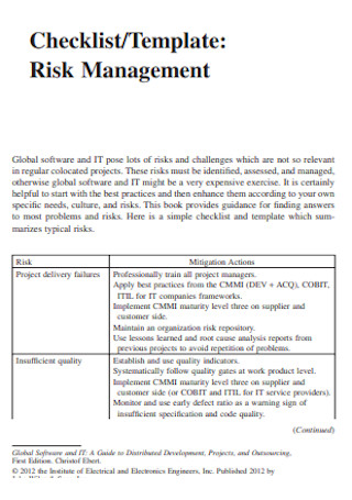 Risk Management Checklist Template
