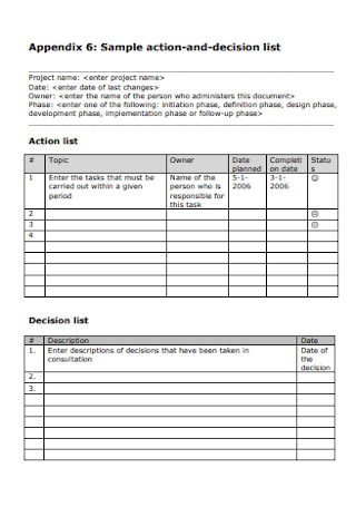Sample Action and Decision List