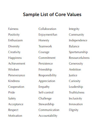 Sample List of Core Values