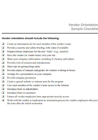 Sample Vendor Orientation Checklist