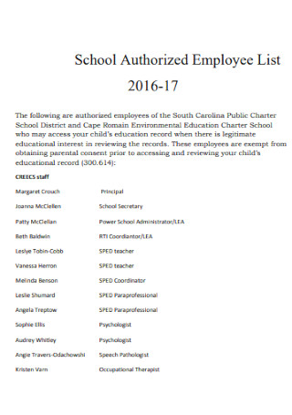 School Authorized Employee List
