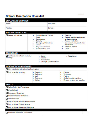 School Orientation Checklist