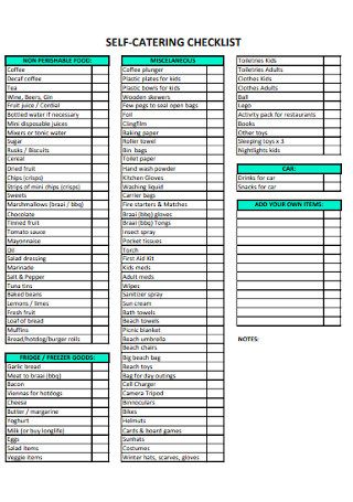 Self Catering Checklist Template
