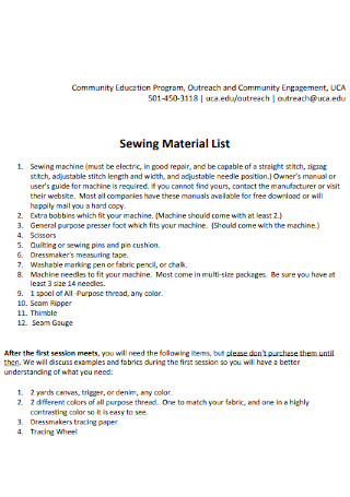 Sewing Material List