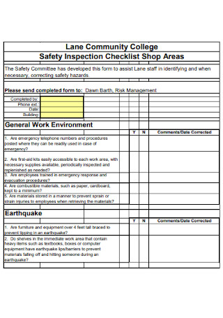 Shop Areas Safety Inspection Checklist