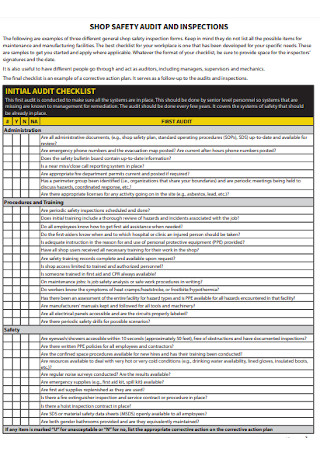 Shop Safety Audit Inspection Checklist